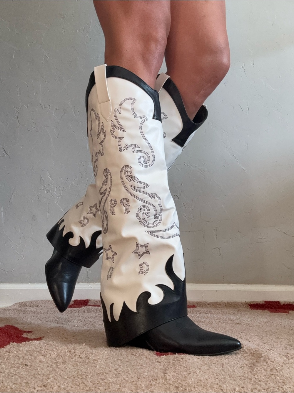 White and Black Embroidered Women's Western Knee High Foldover Boots